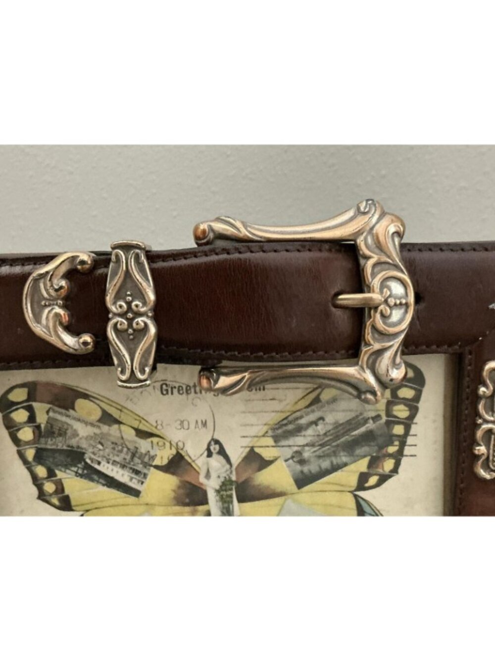 Vintage Leather Buckle Picture Frame 1910 Butterfly Girl Postcard - Picture 3 of 14